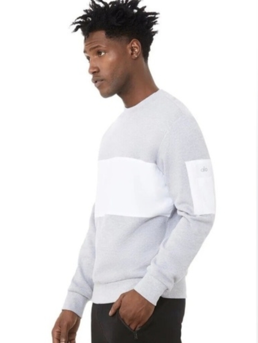 ALO Yoga Men’s Crewneck Sweater in Light Gray and White